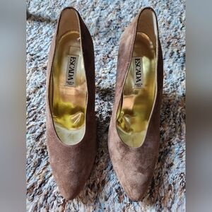 Vintage Escada Brown Suede and Gold Leather Block Heel Pumps